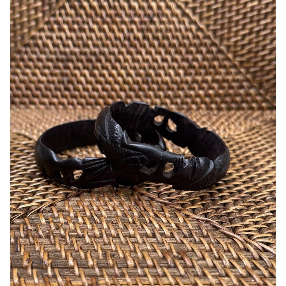 TWO Wood Carved Bangle Bracelet Handmade Africa African Figures